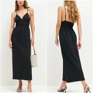 REFORMATION Aleyza Knit Maxi Dress V-Neck Spaghetti Strap Smocked Midi Black